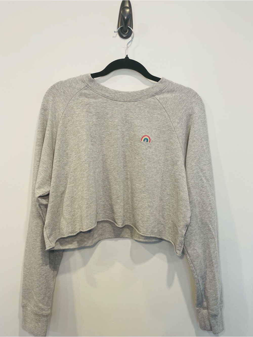 Spiritual Gangster Light Gray Cropped Sweatshirt with Rainbow Patch - Women